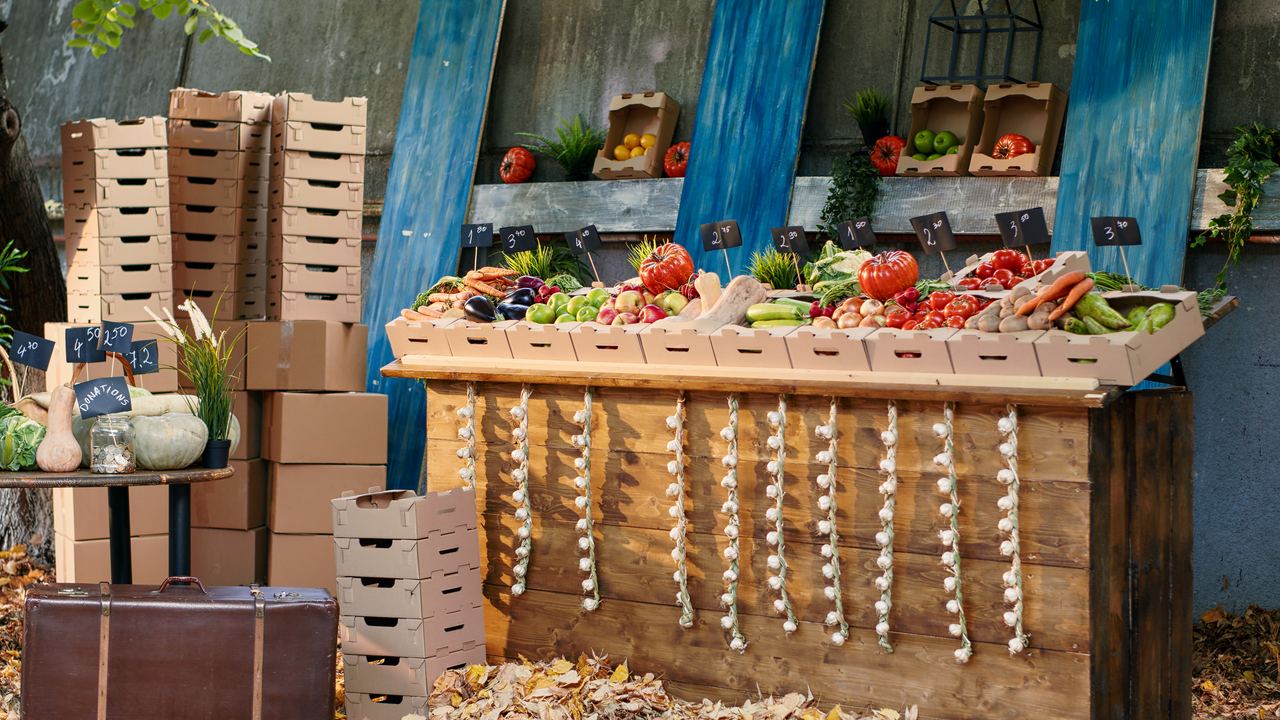 A wooden market stall stacked with crates of autumn vegetables, pumpkins and braided garlic, with fallen leaves on the ground.