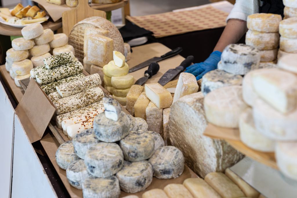 Caciotta and other Italian cheeses on display at a delicatessen counter