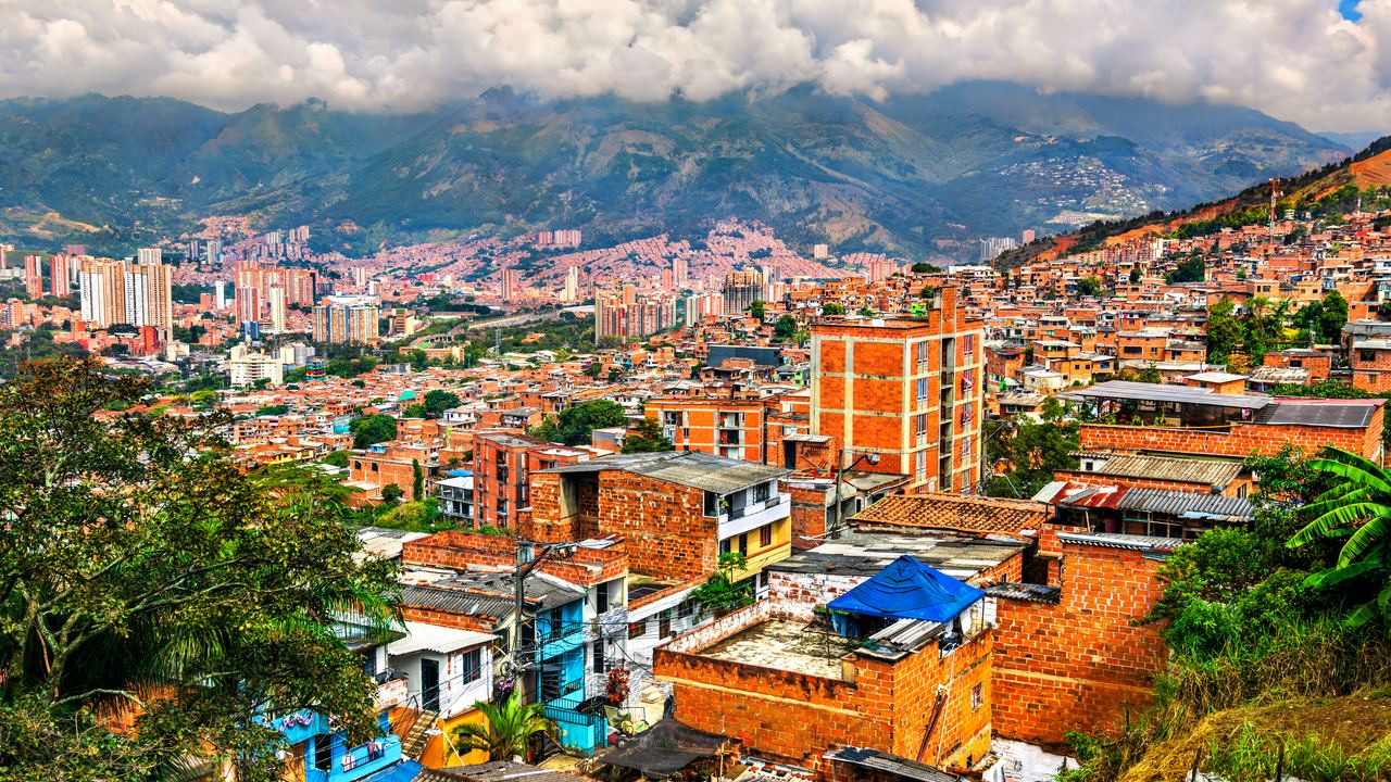 Medellin skyline seen from a hillside neighbourhood in Antioquia, Colombia