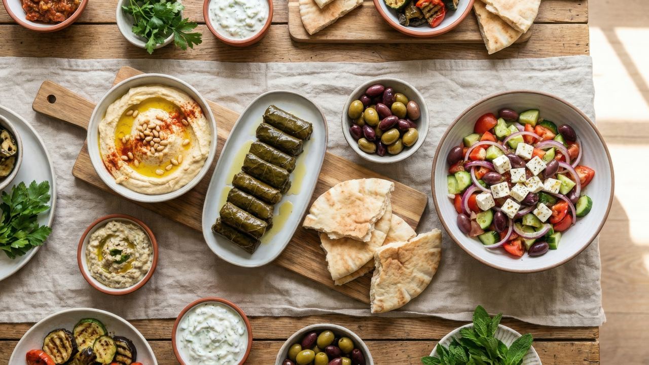 Overhead view of a mezze table with hummus, stuffed vine leaves, olives, Greek salad, tzatziki and warm pita bread.