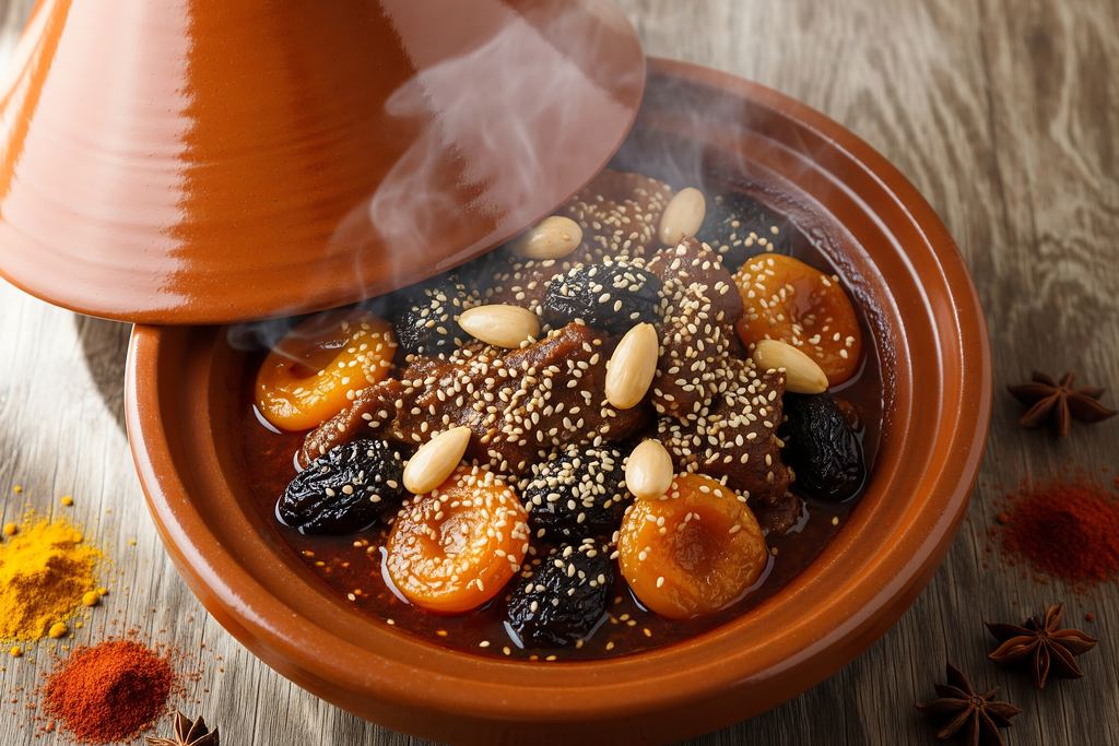 Moroccan tagine with apricots, prunes and almonds in a ceramic tagine pot