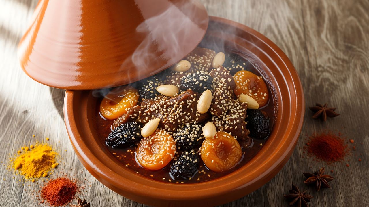 Moroccan tagine with apricots, prunes and almonds in a ceramic tagine pot