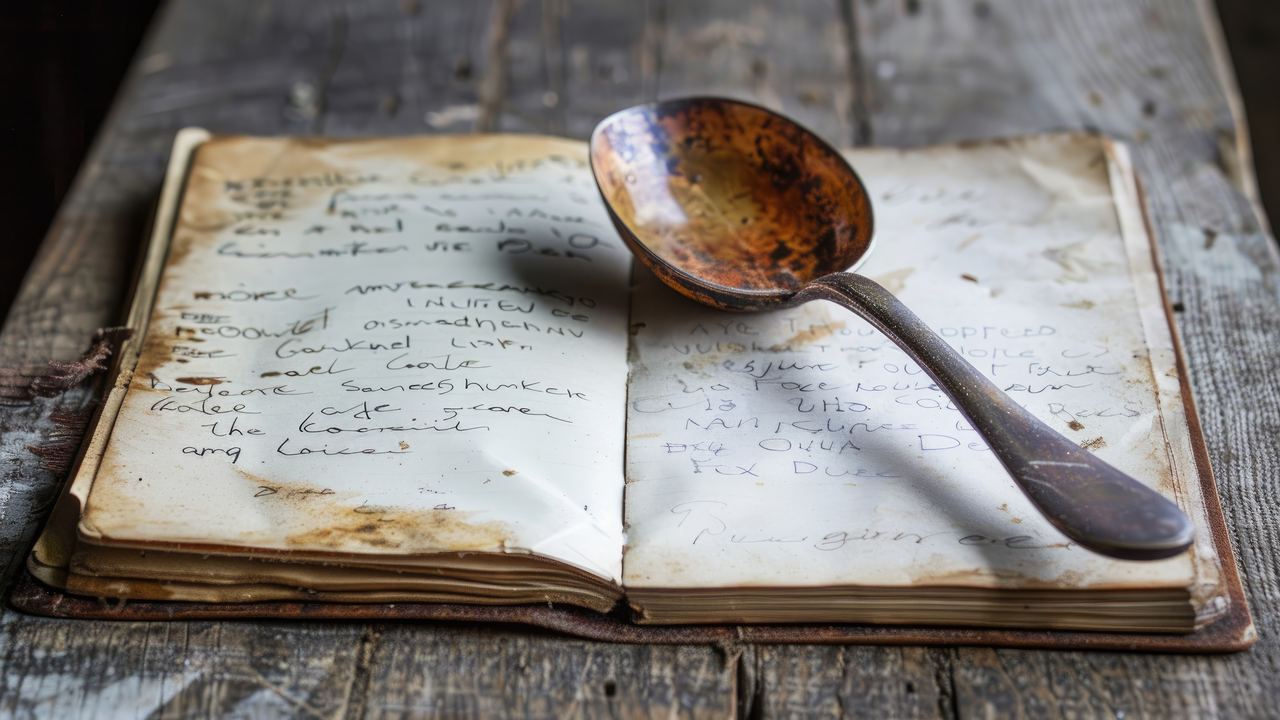 An aged cookbook lying open on a worn table, its pages covered in handwritten recipes, with a wooden ladle resting across them