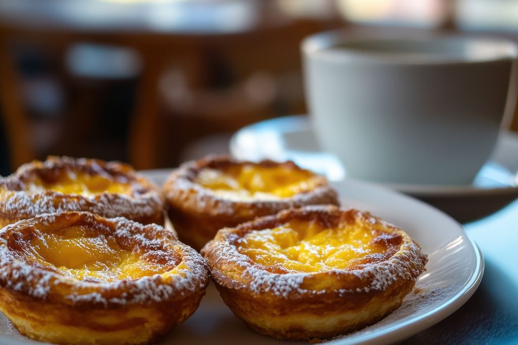 Pastéis de nata, traditional Portuguese custard tarts, served with a cup of coffee