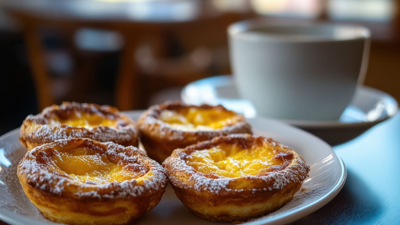 Pastéis de nata, traditional Portuguese custard tarts, served with a cup of coffee