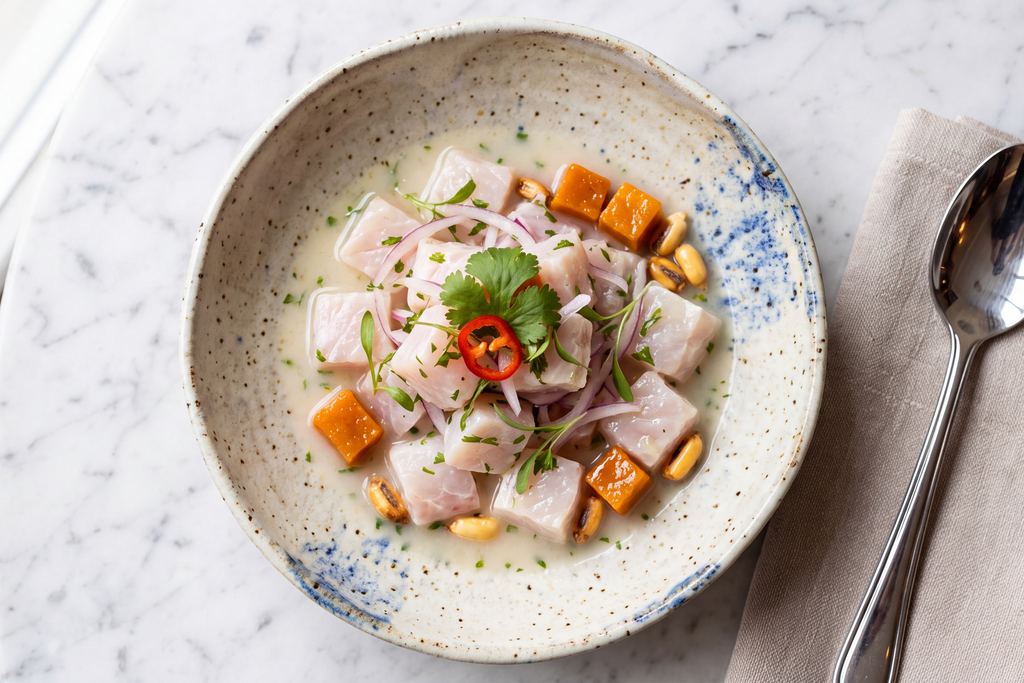 Fresh Peruvian fish ceviche served with sweet potato and red onion