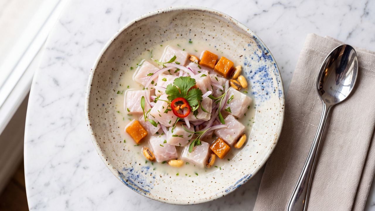 Fresh Peruvian fish ceviche served with sweet potato and red onion