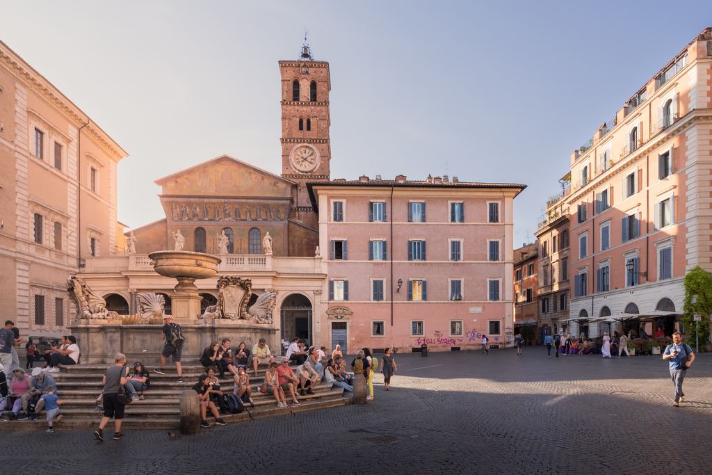 Piazza Santa Maria in Trastevere with its historic fountain and basilica, Rome