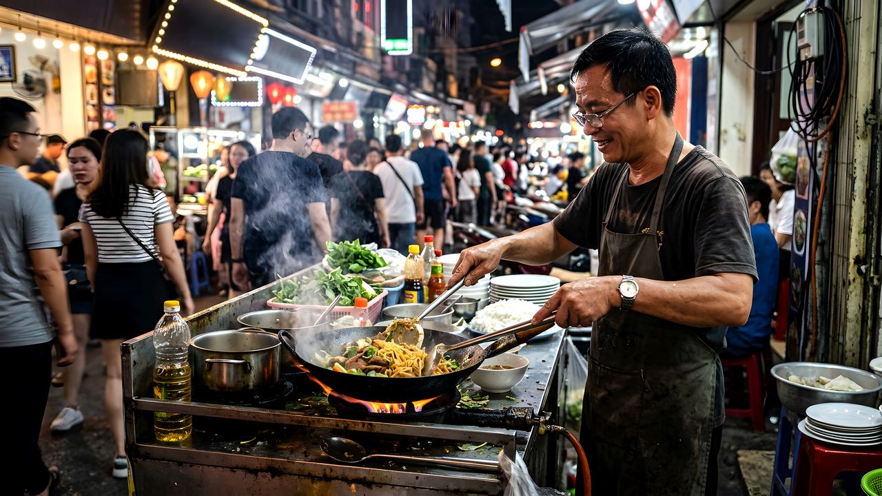 A street food vendor tossing noodles in a wok over an open flame at his stall, with a crowded night market street busy behind him.