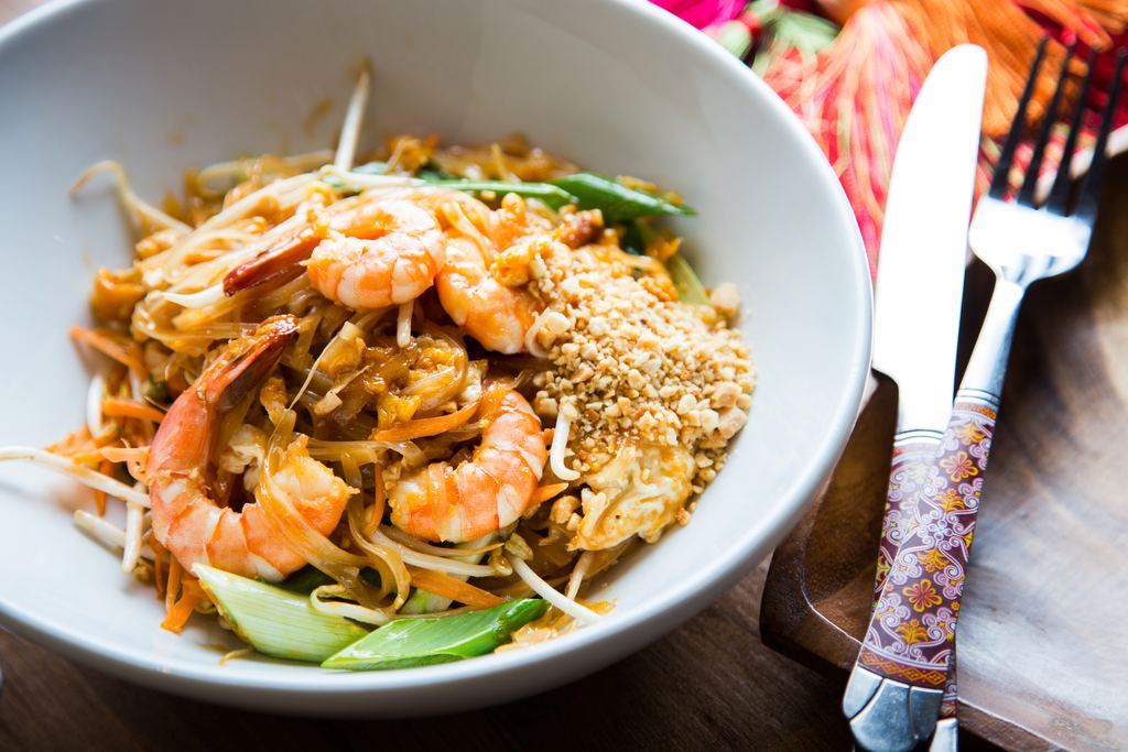 Plate of pad thai stir-fried rice noodles, a Thai street food classic