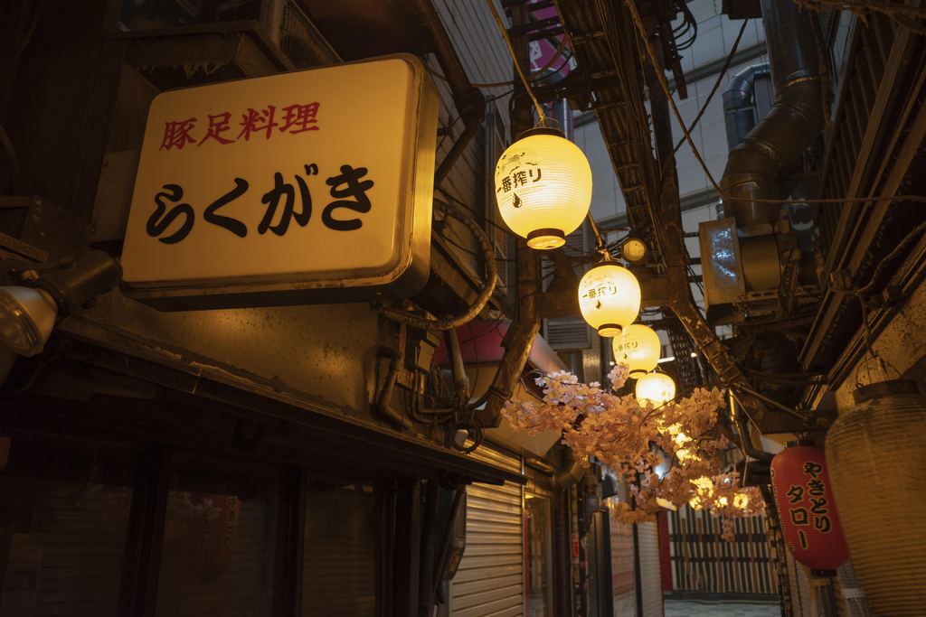 Japanese street of small izakaya bars hung with glowing paper lanterns at night