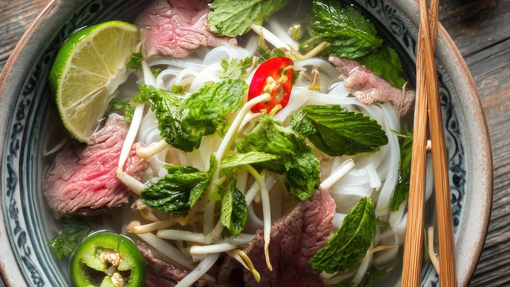 Bowl of Vietnamese pho noodle soup with sliced beef and fresh herbs on a wooden table