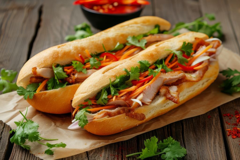Vietnamese pork banh mi sandwiches wrapped in paper with pickled vegetables and herbs