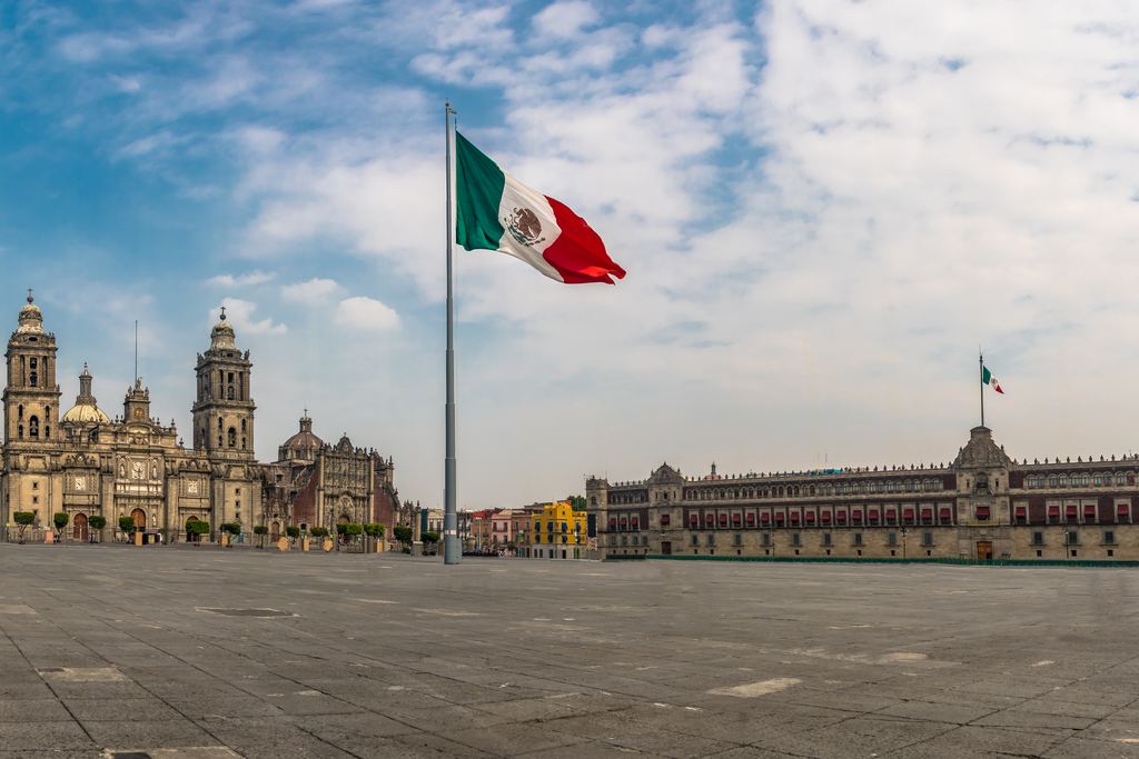 Panoramic view of the Zocalo square and Metropolitan Cathedral in Mexico City