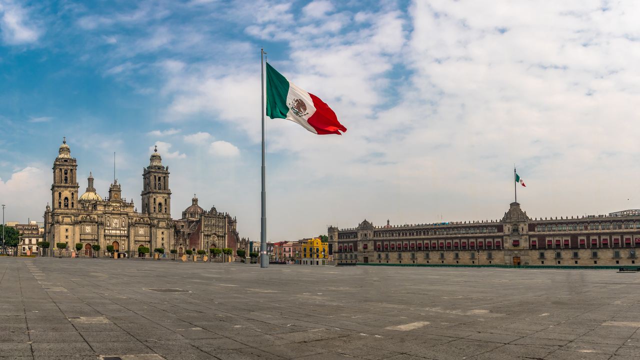 Panoramic view of the Zocalo square and Metropolitan Cathedral in Mexico City